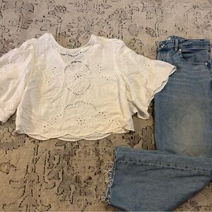 Abercrombie & Fitch White Eyelet Flutter Sleeve Crop Top